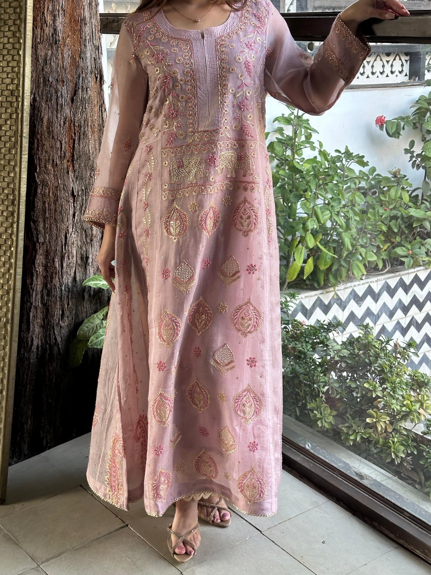Mauve Pink Shade Noor Organza Chikankari A Line Kurta With Dupatta