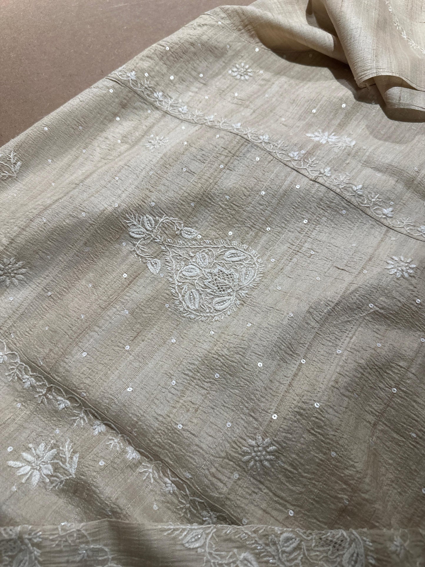 Semi Stitched Natural Shade Tussar Silk Chikankari Kurta Dupatta Set