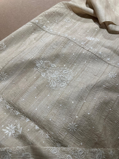 Semi Stitched Natural Shade Tussar Silk Chikankari Kurta Dupatta Set