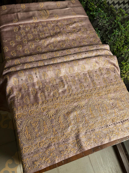 Beige Shade Roheen Tussar Silk Chikankari Fabric