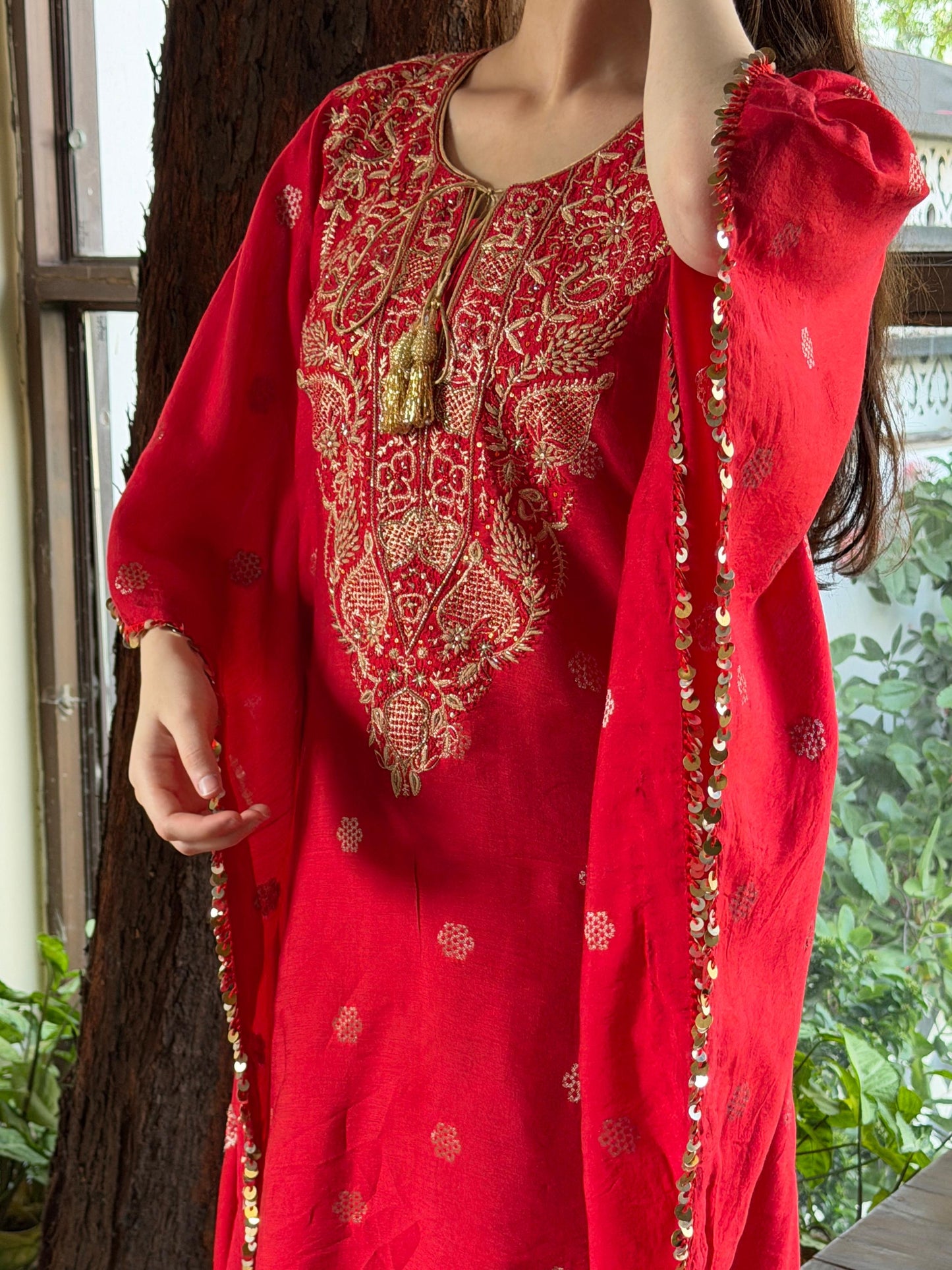 Red Zari Chanderi Chikankari Kaftan