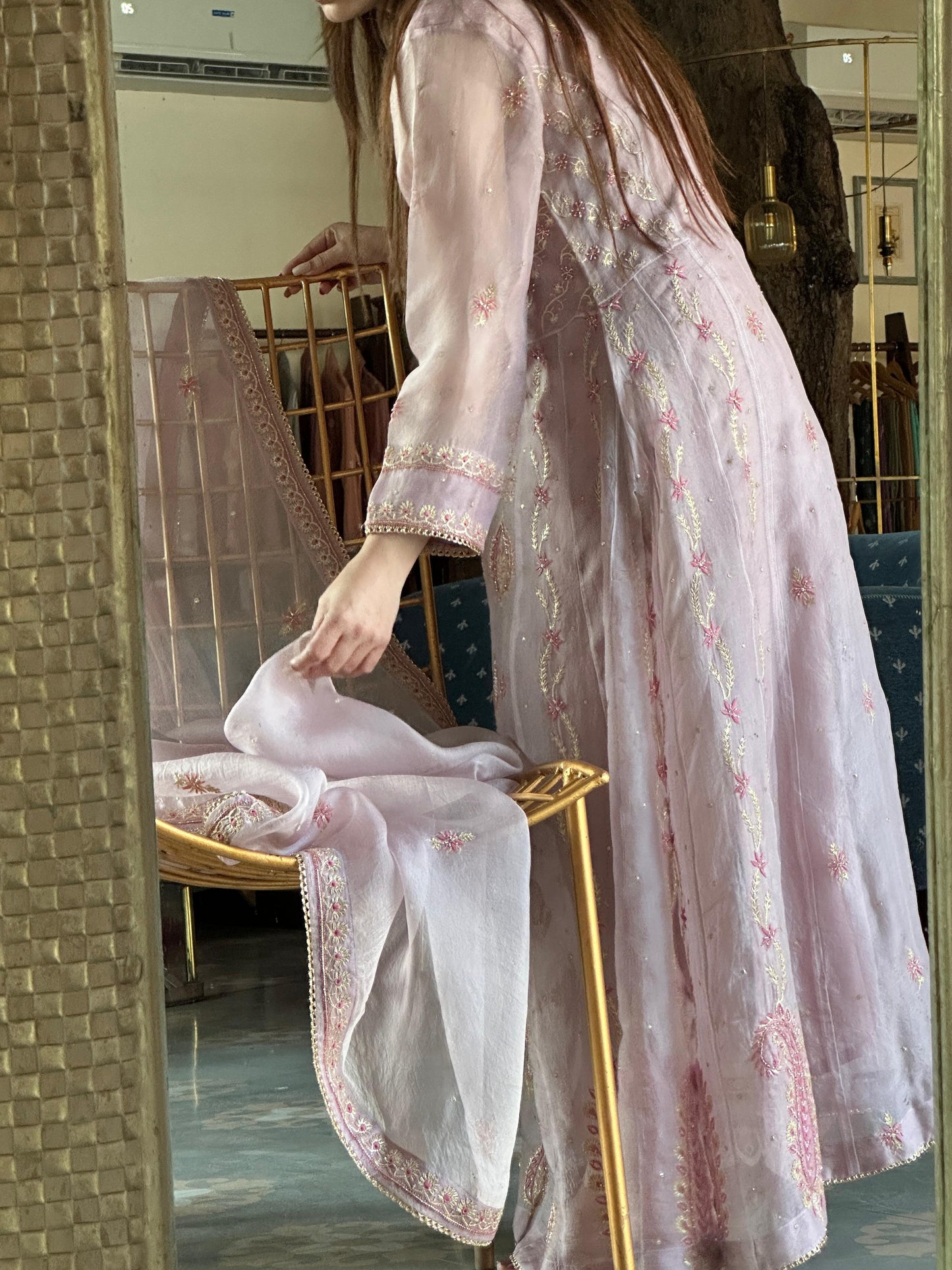 Mauve Pink Shade Noor Organza Chikankari A Line Kurta With Dupatta