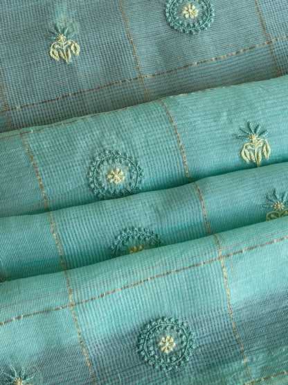 Aqua Green Shade Tissue Zari Kota Chikankari Unstitched Fabric