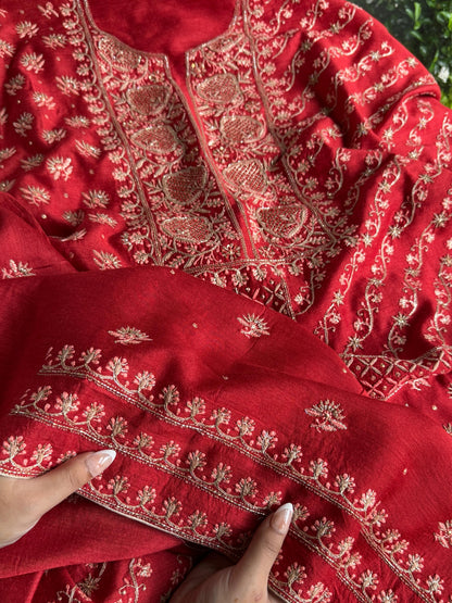 Deep Red Shade Moonga Silk Chikankari Unstitched Fabric