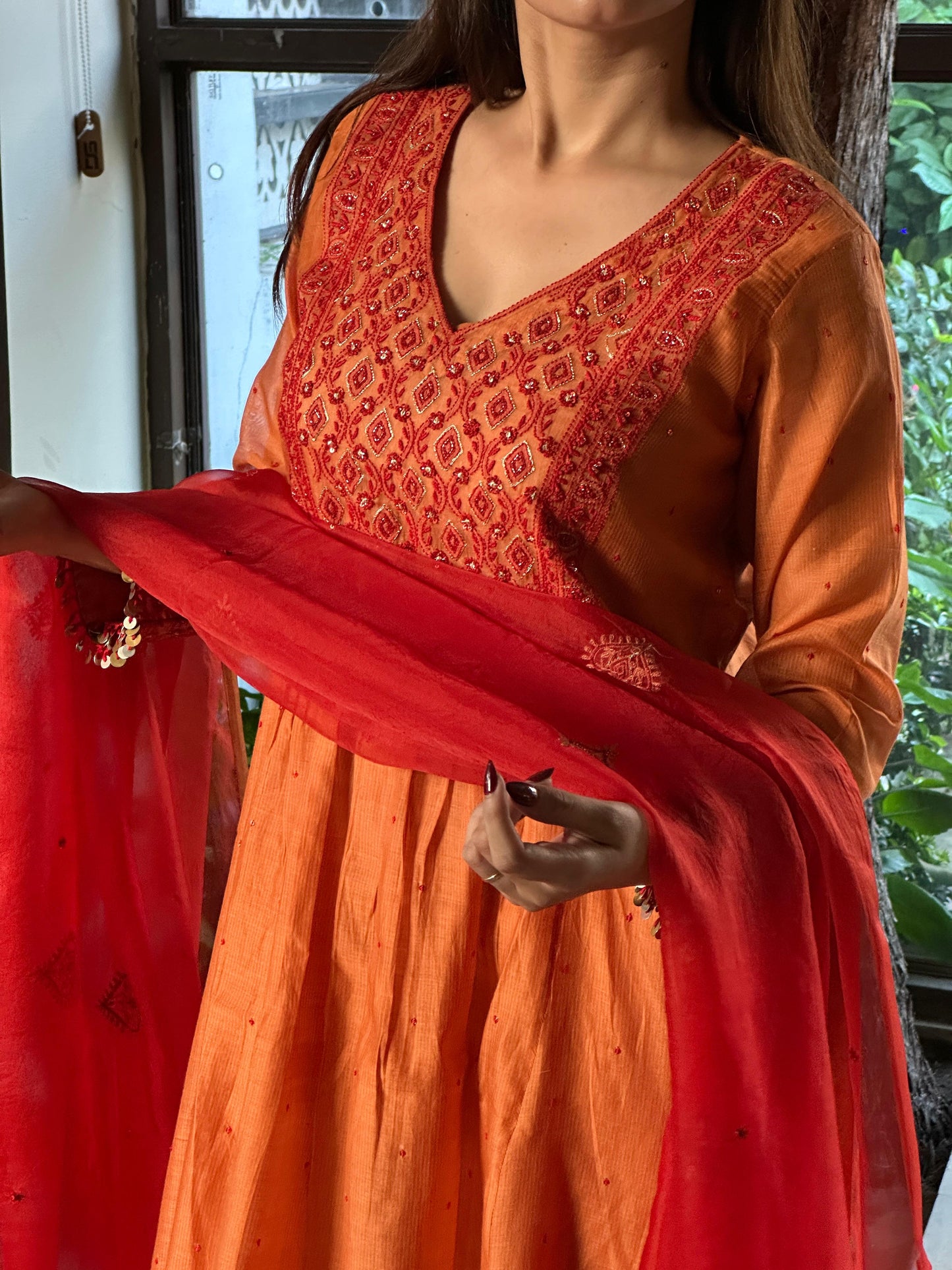 Rust Orange Sico (Silk Cotton) Chikankari Tux Kurta Set