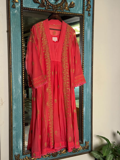Carrot Pink Chiffon Chikankari Kurta with Lace Detailing