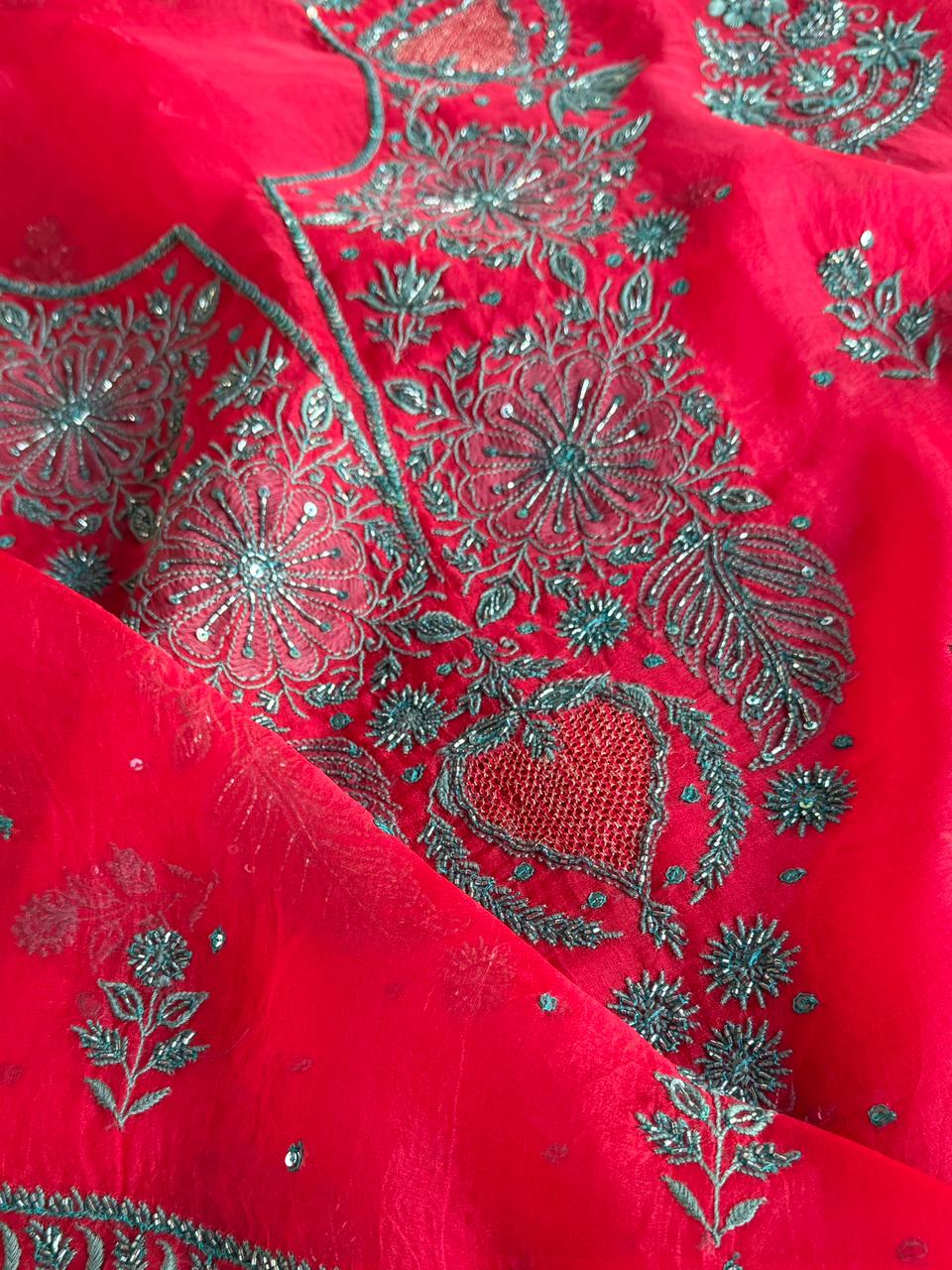 Watermelon Shade Noor Organza Silk Chikankari Unstitched Kurta Dupatta Set