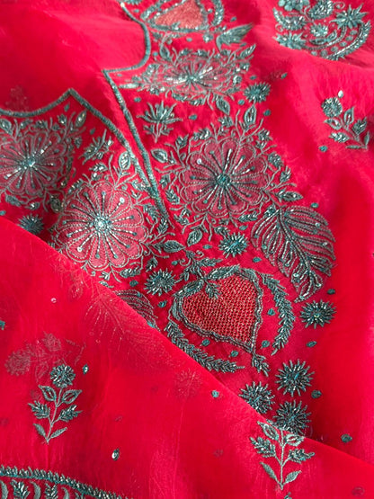 Watermelon Shade Noor Organza Silk Chikankari Unstitched Kurta Dupatta Set