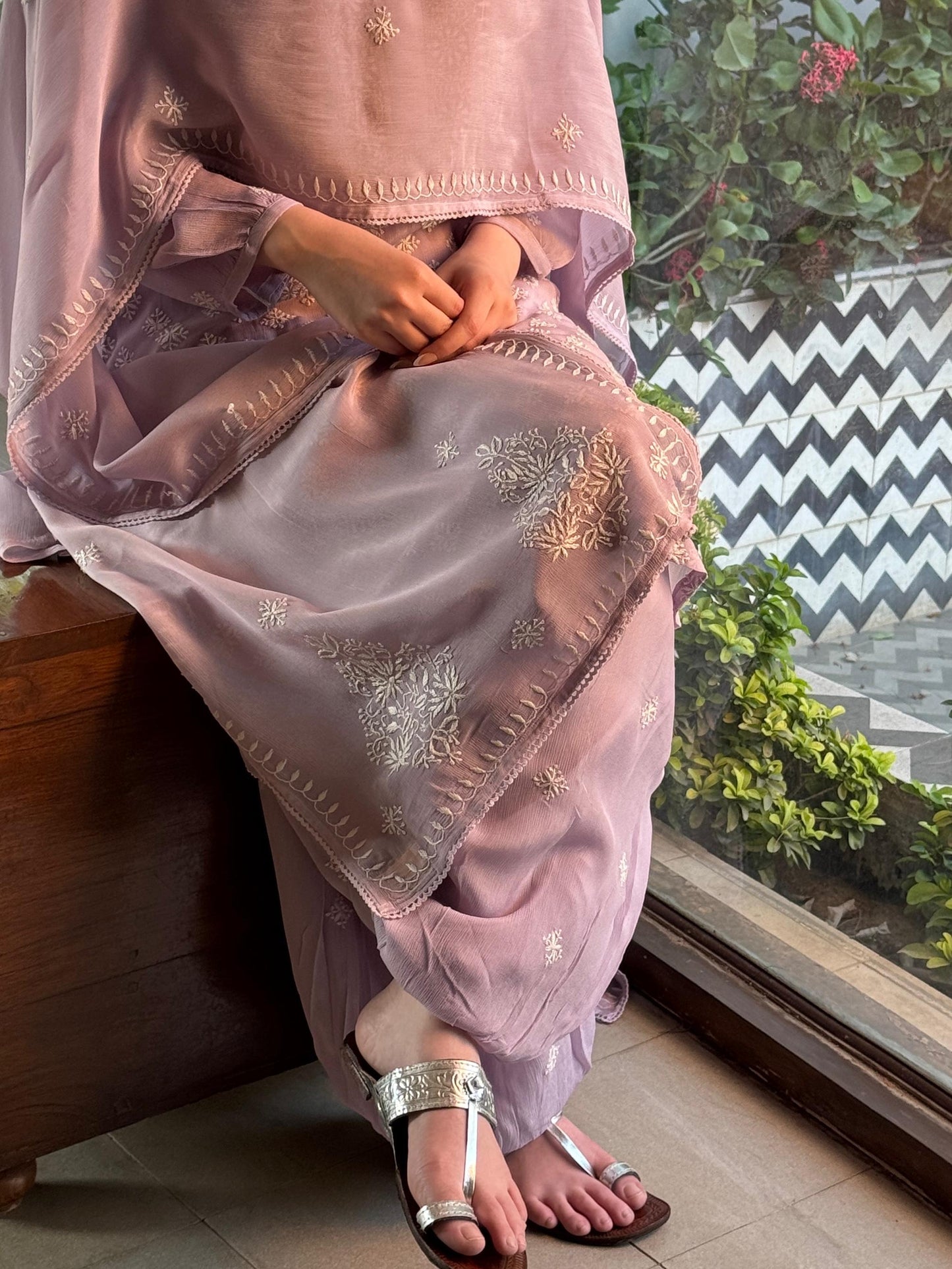 Lavender Chiffon Afghani Shalwar Chikankari Coord Set - Fine Chikankari Work