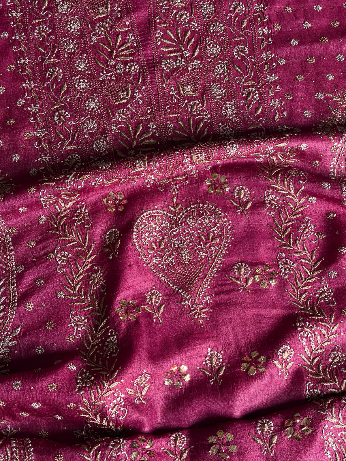 Plum Shade Roheen Tussar Silk Chikankari Fabric