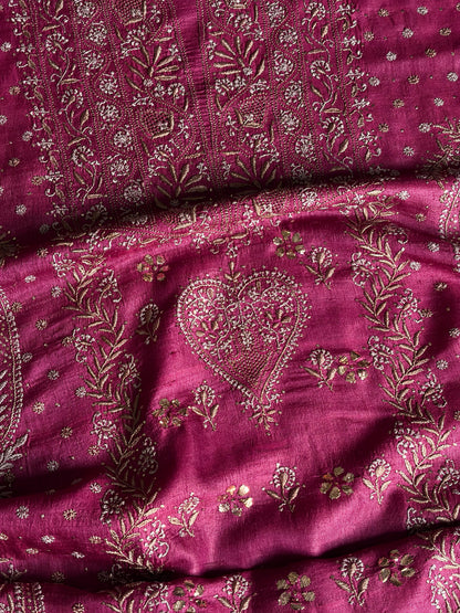 Plum Shade Roheen Tussar Silk Chikankari Fabric