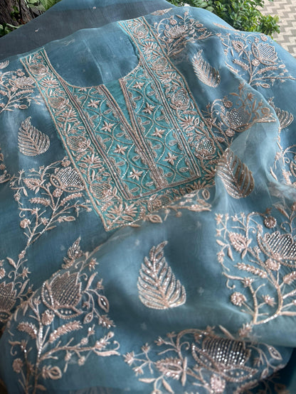Pastel Shade Noor Organza Silk Chikankari Unstitched Kurta Dupatta Set
