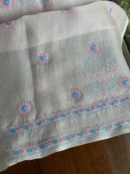 Dusty Lilac Multi Shade Organza Silk Chikankari Unstitched Fabric