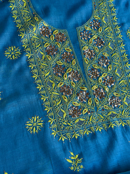 Blue & Green Shade Mal Cotton Chikankari Unstitched Kurta Dupatta Fabric With Mukaish Badla