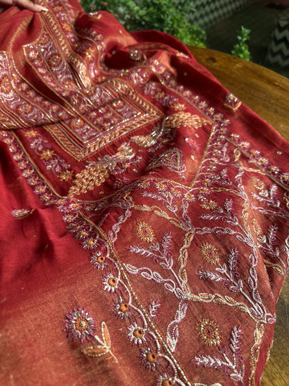 Red Tissue Silk Chikankari Unstitched Fabrics