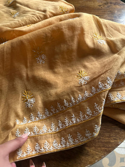 Yellow Tissue Silk Chikankari Unstitched Fabrics