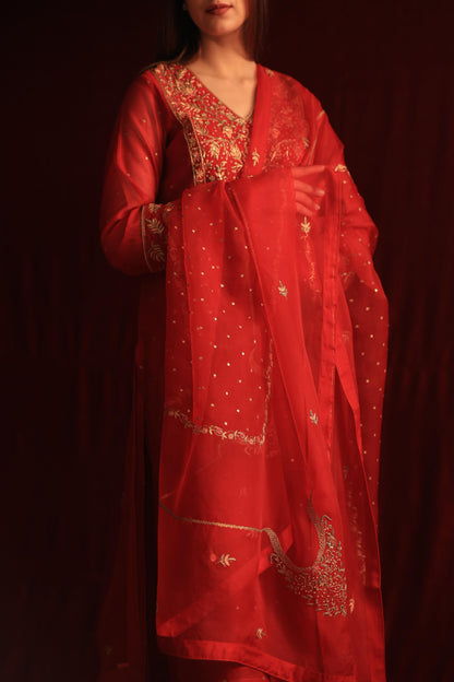 Red Maheshwari Silk Awadhi Zardosi Kurta Set