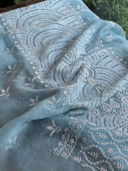 Powder Blue Noor Organza Banarasi Silk Chikankari Unstitched Kurta Dupatta Set