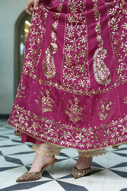 Plum Pink Shade Heavy Mukaish Badla Anarkali Suit Set