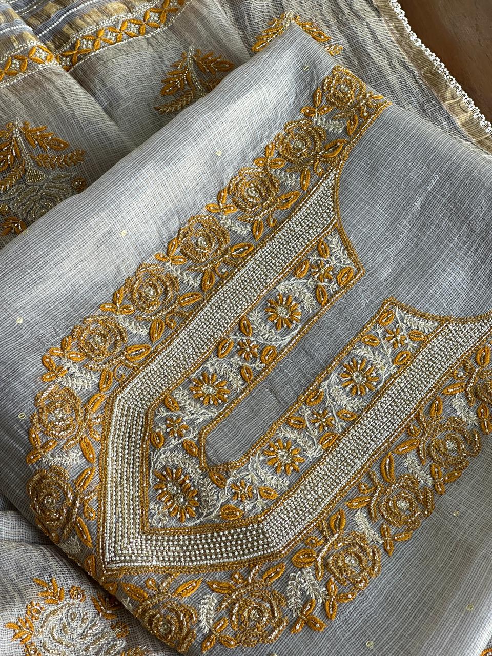 Grey & Mustard Shade Tissue Kota Chikankari Unstitched Fabric