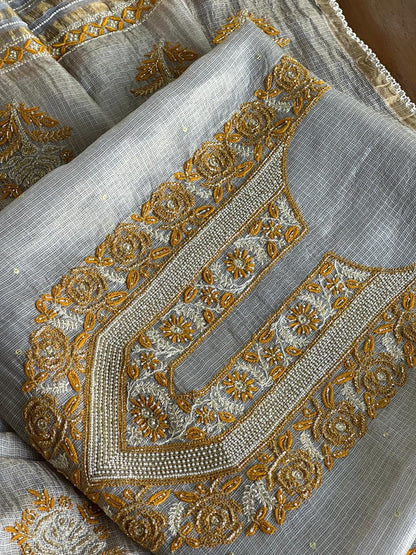 Grey & Mustard Shade Tissue Kota Chikankari Unstitched Fabric