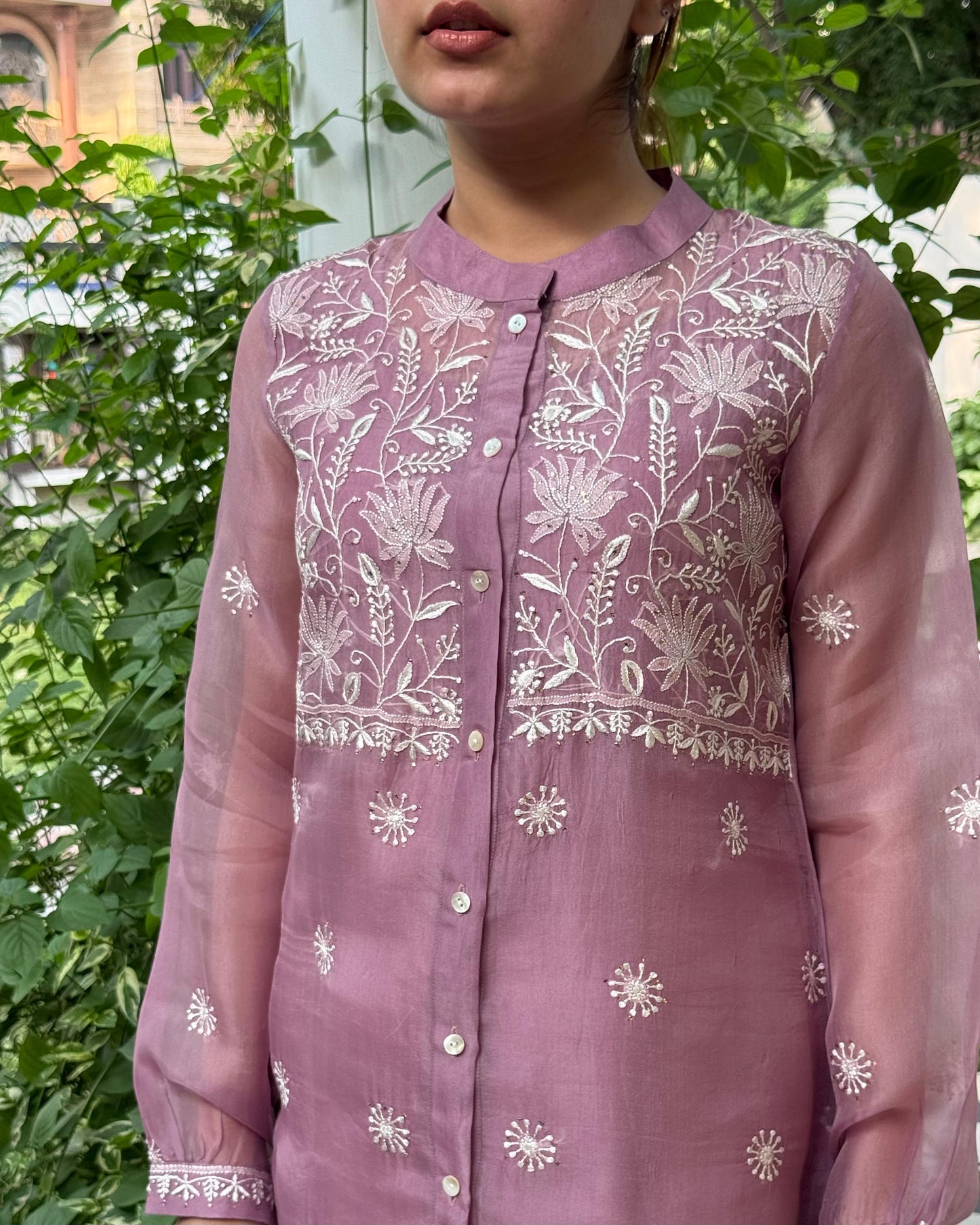 Dull Purple Noor Organza Resham Chikankari Front Open Short Top