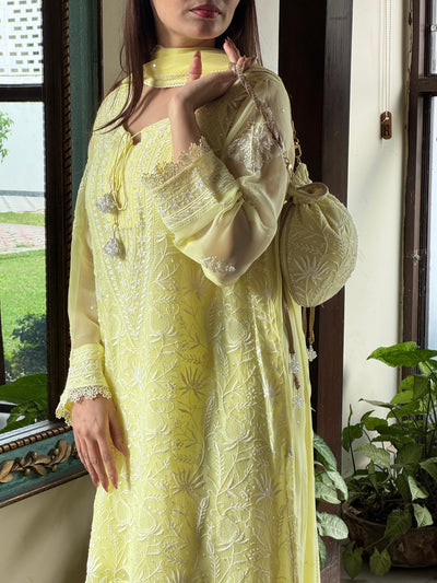 Chiffon Chikankari Sequinned Farshi Salwar with Potli Set