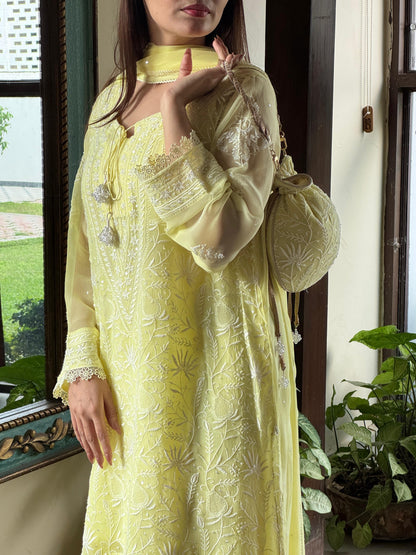 Chiffon Chikankari Sequinned Farshi Salwar with Potli Set