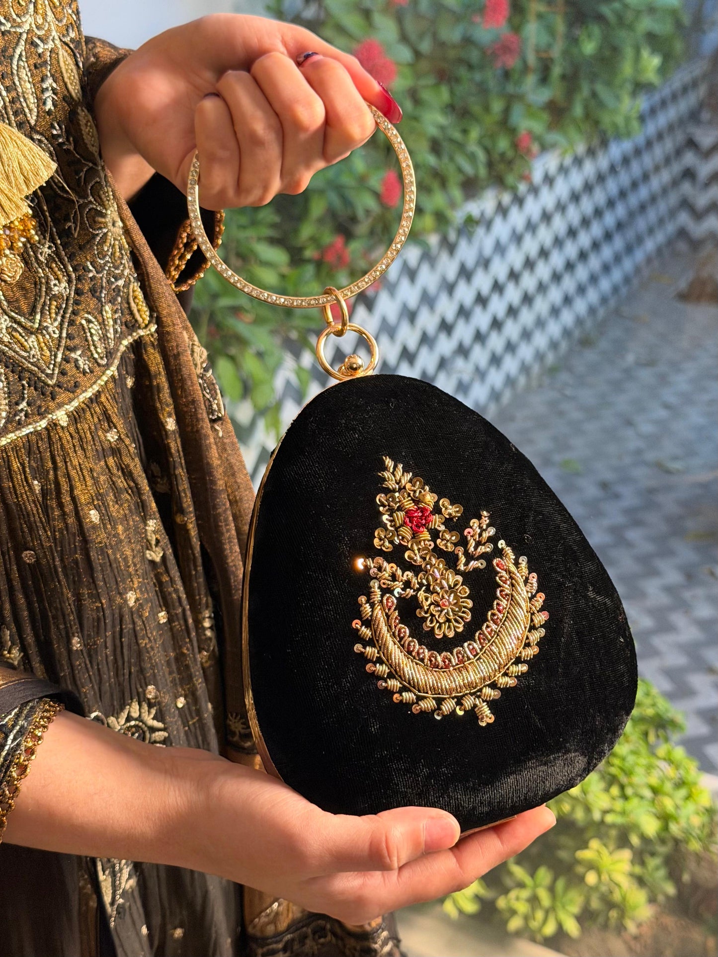 Black Shade Velvet Ari Mukaish Zardosi Sling Bag