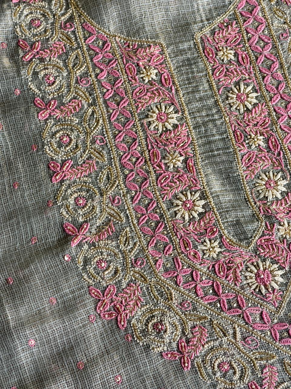 Smokey Grey Shade Tissue Kota Chikankari Unstitched Fabric
