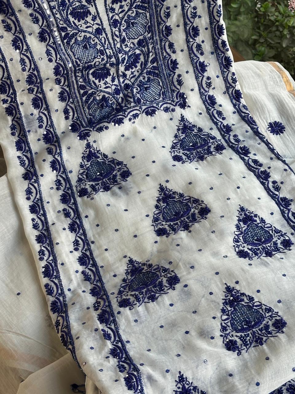Indigo White Mal Chanderi Silk Chikankari Unstitched Fabric