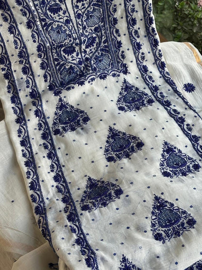Indigo White Mal Chanderi Silk Chikankari Unstitched Fabric