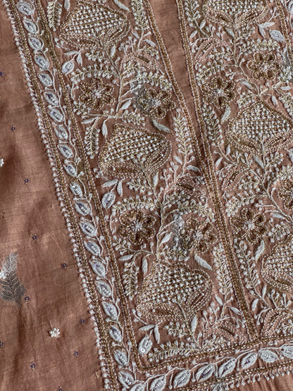 Almond Peach Shade Banarasi Zari Chanderi Unstitched Chikankari Fabric