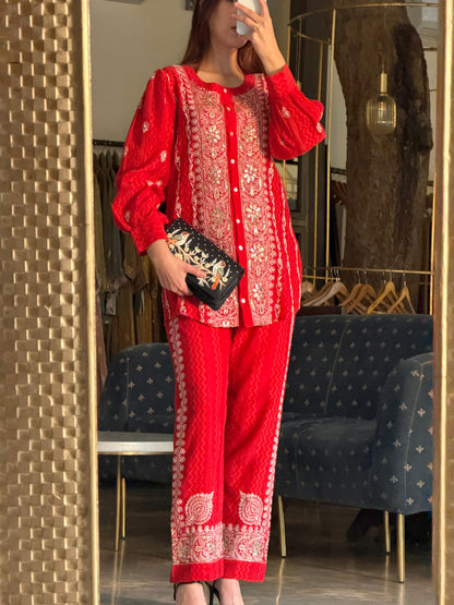 Crimson Red | Jacquard Sequins Chikankari Co-Ord Set