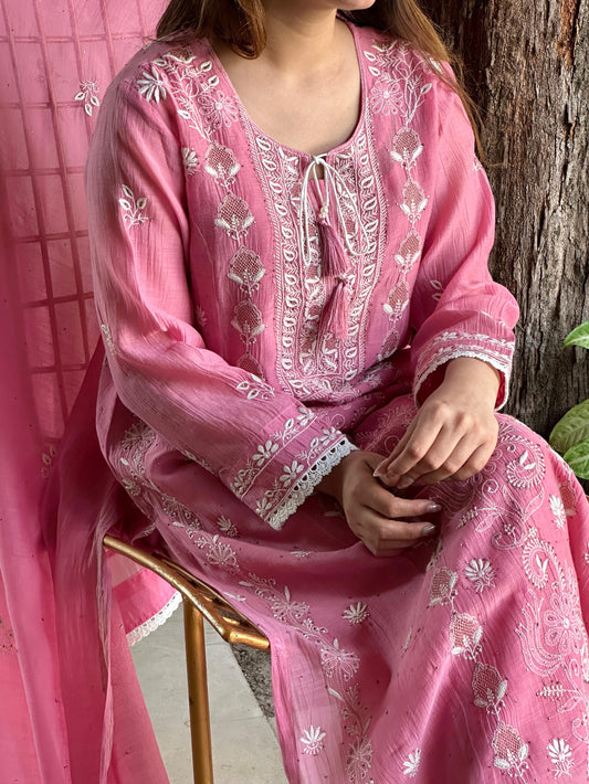 Pink Mul Chanderi Mukaish Kamdani Chikankari Stitched Kurta Dupatta Set
