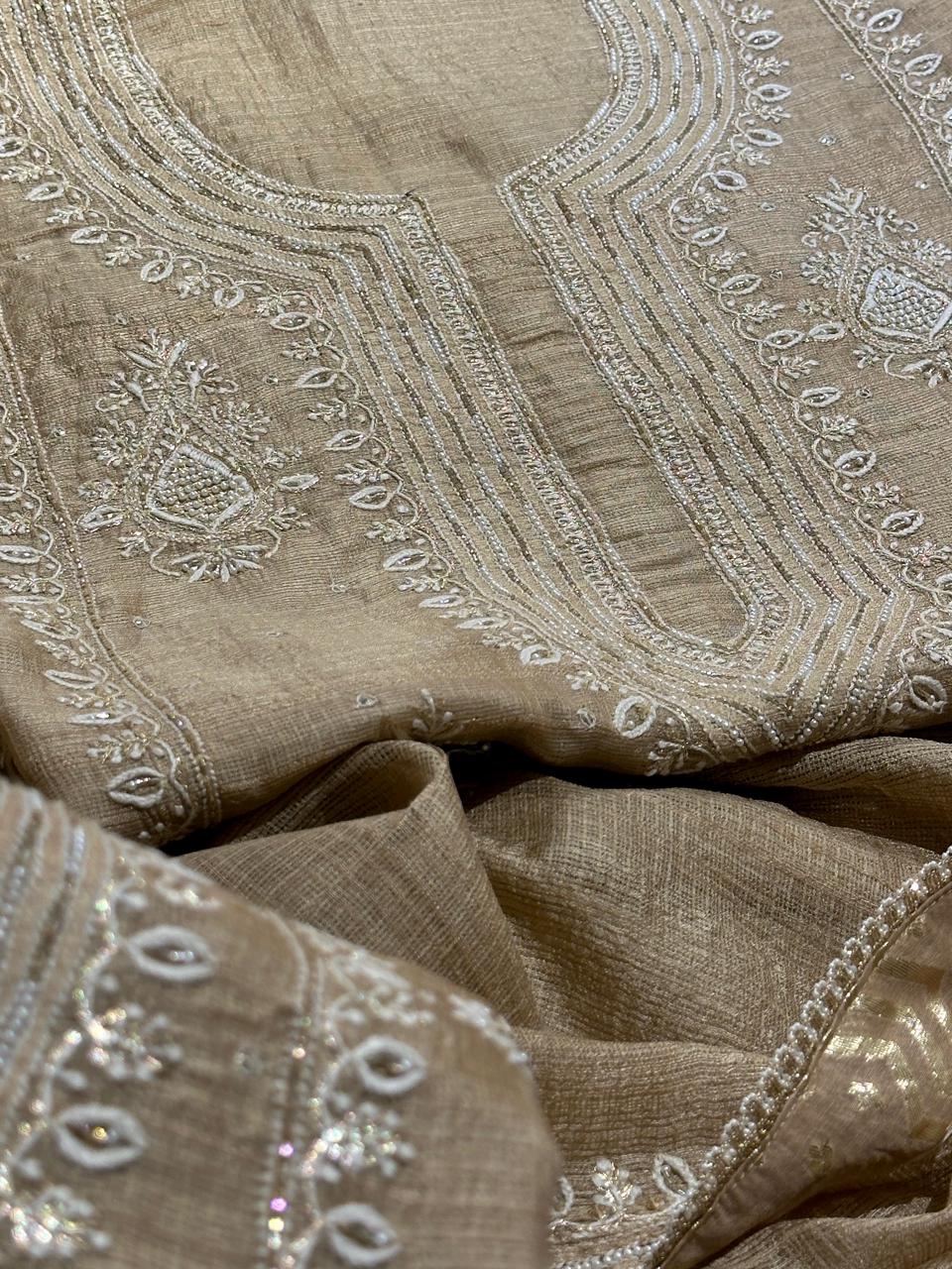 Beige Rasm Tussar Kota Chikankari Unstitched Chikankari Fabric