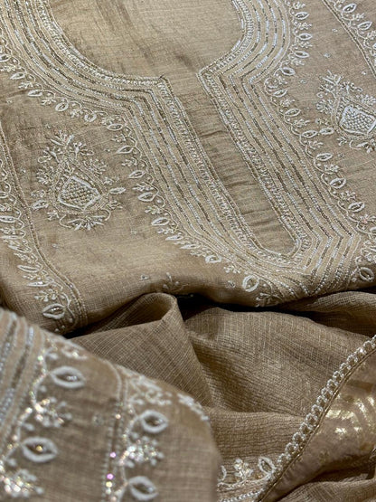 Beige Rasm Tussar Kota Chikankari Unstitched Chikankari Fabric