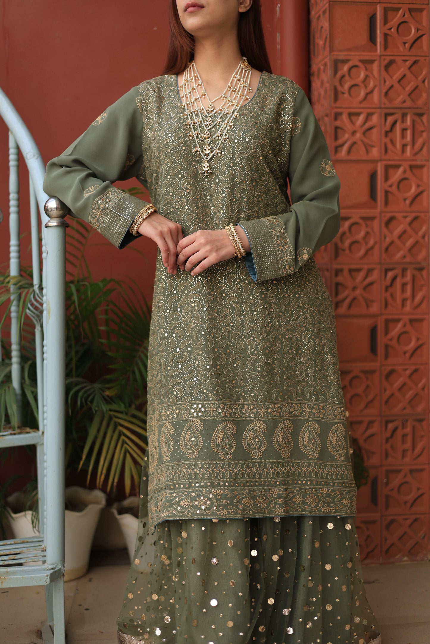 Mehndi Green Chikankari Pure Georgette Kurta Gharara Set with Kalamkari Dupatta