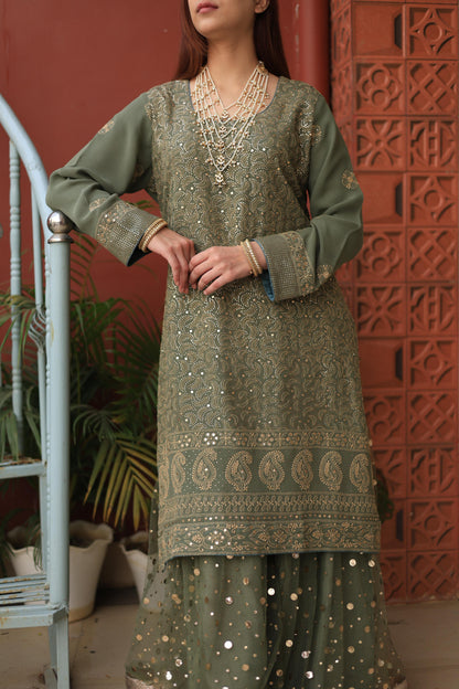 Mehndi Green Chikankari Pure Georgette Kurta Gharara Set with Kalamkari Dupatta