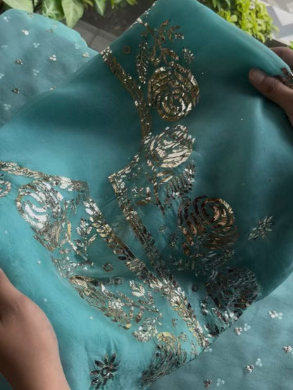 Aqua Mint Noor Organza Silk Mukaish Badla Unstitched Kurta Dupatta Set