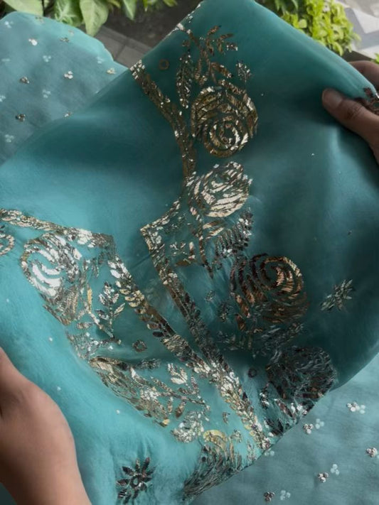 Aqua Mint Noor Organza Silk Mukaish Badla Unstitched Kurta Dupatta Set