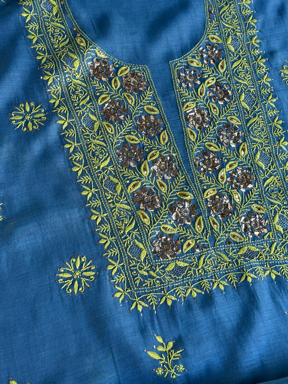 Blue & Green Shade Mal Cotton Chikankari Unstitched Kurta Dupatta Fabric With Mukaish Badla