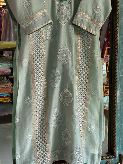 Sea Green & Teal Shade Chanderi Daraz Applique Chikankari Mukaish Kurta Dupatta Set