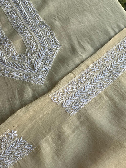 Yellow Mulmul Chikankari Unstitched Men's Kurtas Fabric