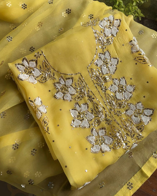 Yellow Noor Organza Silk Mukaish Pearl Chikankari Unstitched Fabric
