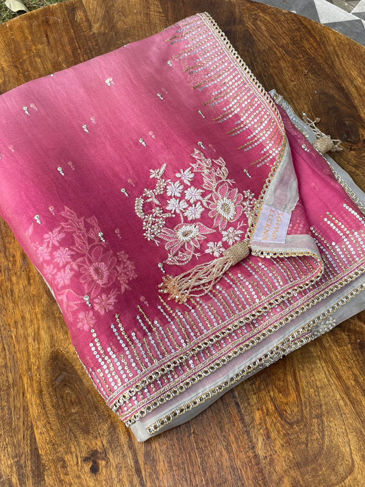 Ombre Plum Grey Noor Organza Chikankari With Sequins Border Saree