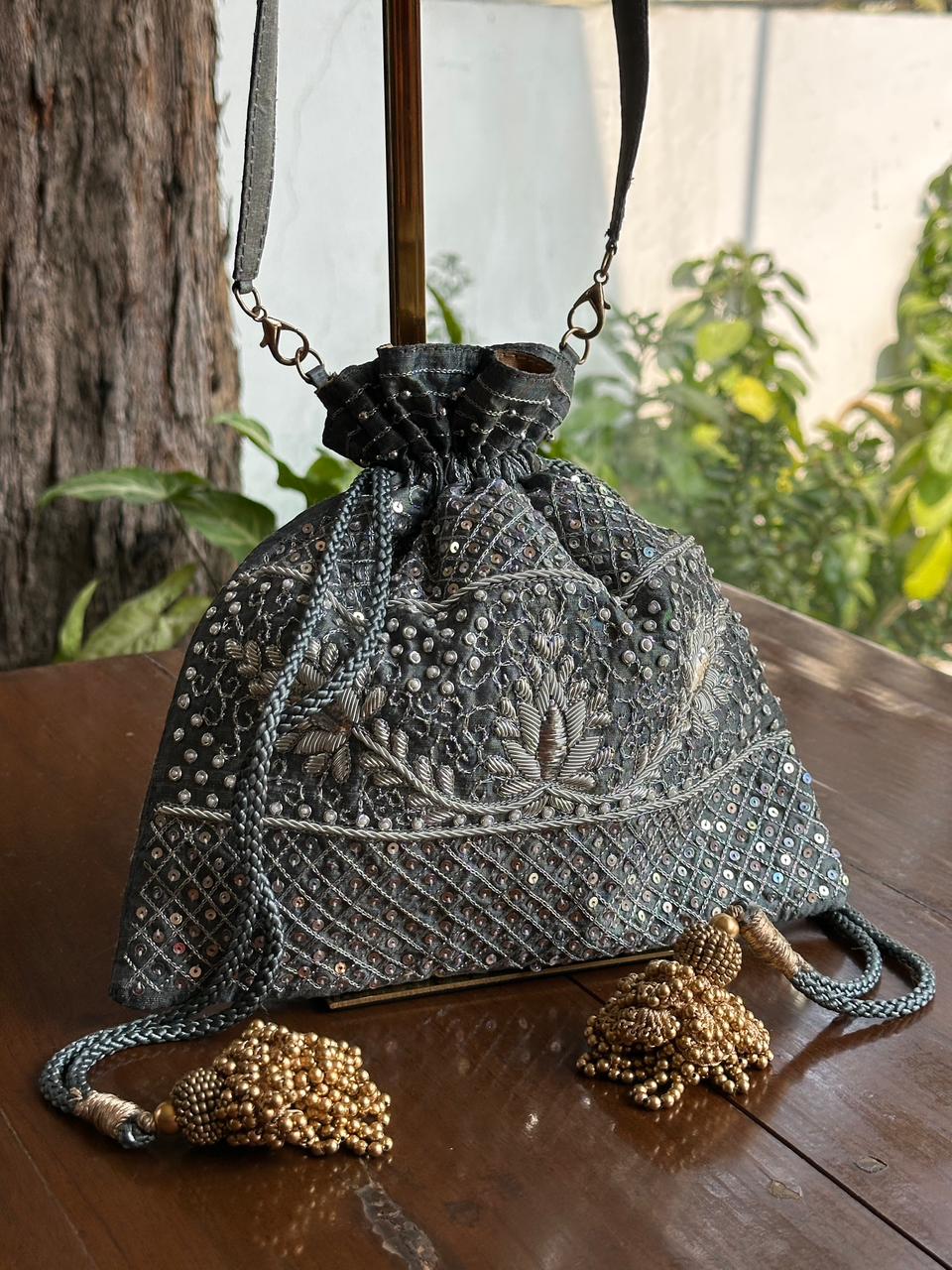 Grey Raw Silk Zardosi Polti Bags