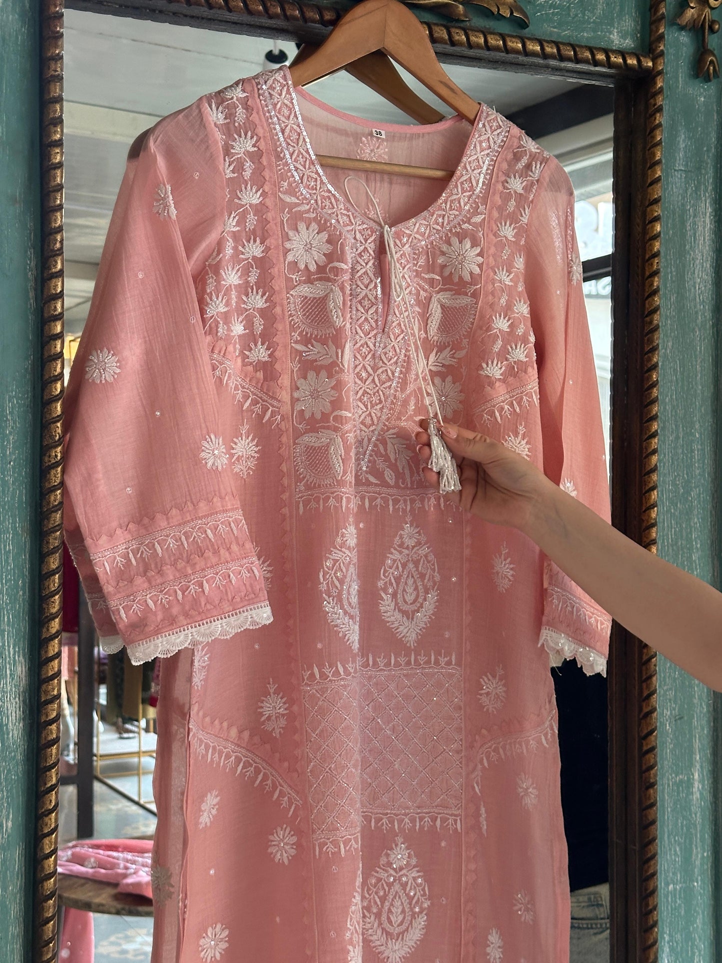 Pastel Peach Shade Malmal Pearl Work Chikankari Kurta With Dupatta