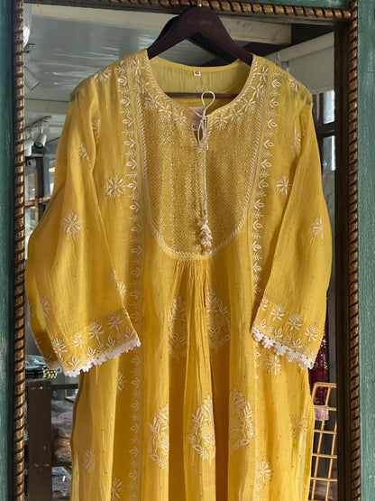 Yellow Mal Mukaish Kamdani Chikankari Kurta Dupatta Set