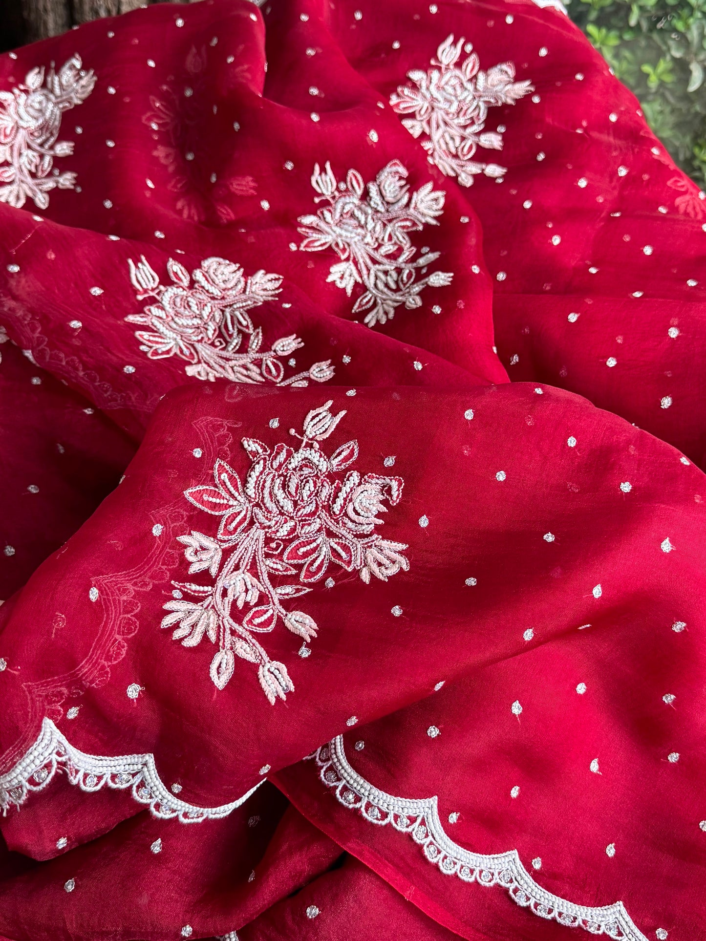 Noor Wine Red Organza Cutwork Chikankari Saree